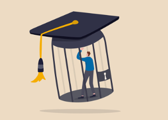 Illustration of person in cage with a grad cap on it