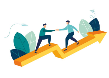 Illustration of people shaking hands on progress arrow